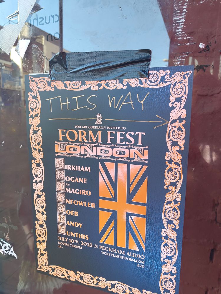 Photo of form fest London poster with this way and an arrow written on top