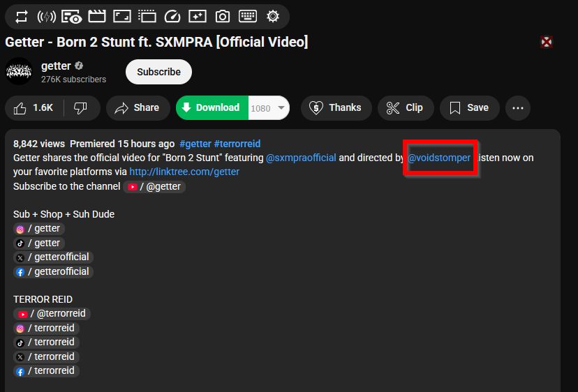 screenshot of getter born 2 stunt official music video on youtube, highlighting a user called voidstomper being credited as director