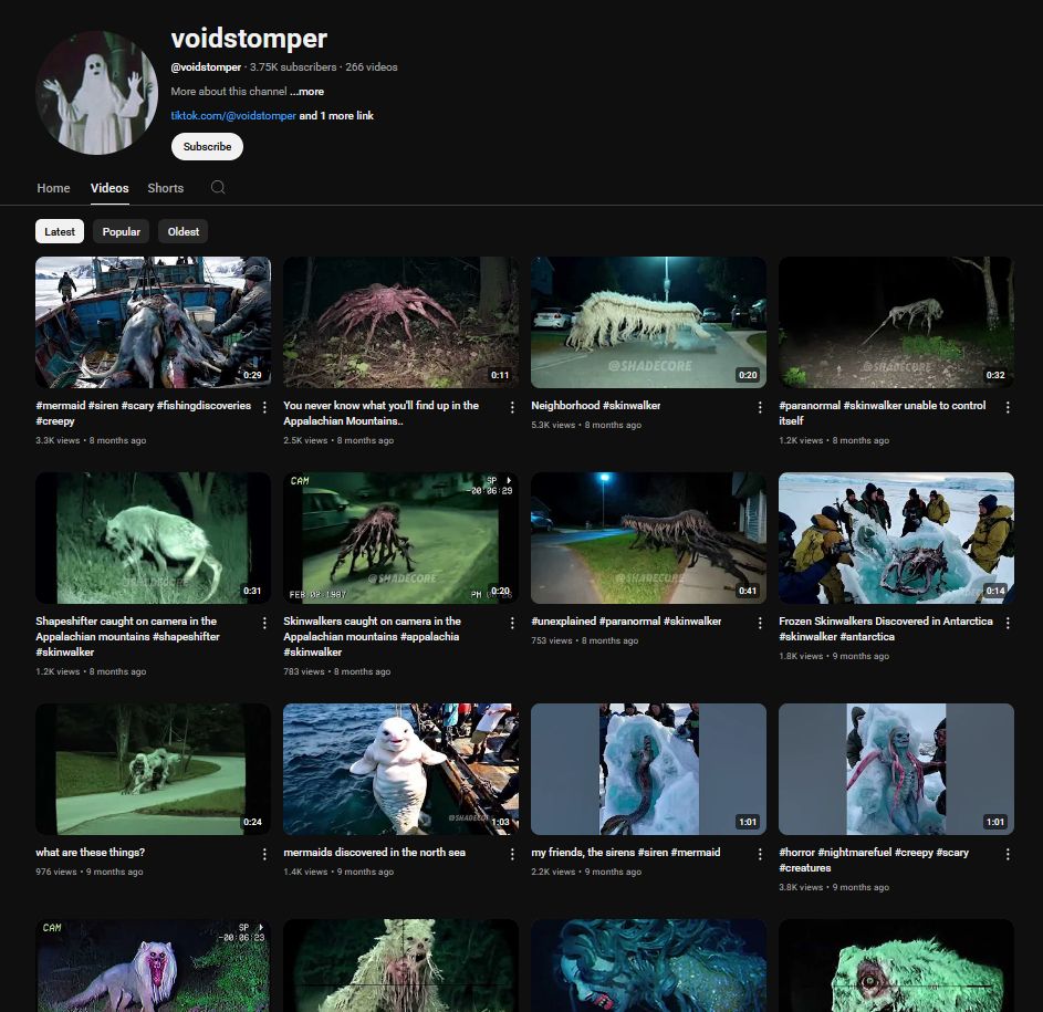 screenshot of voidstomper youtube channel, featuring thumbnails of ai generated bizarre creature videos 