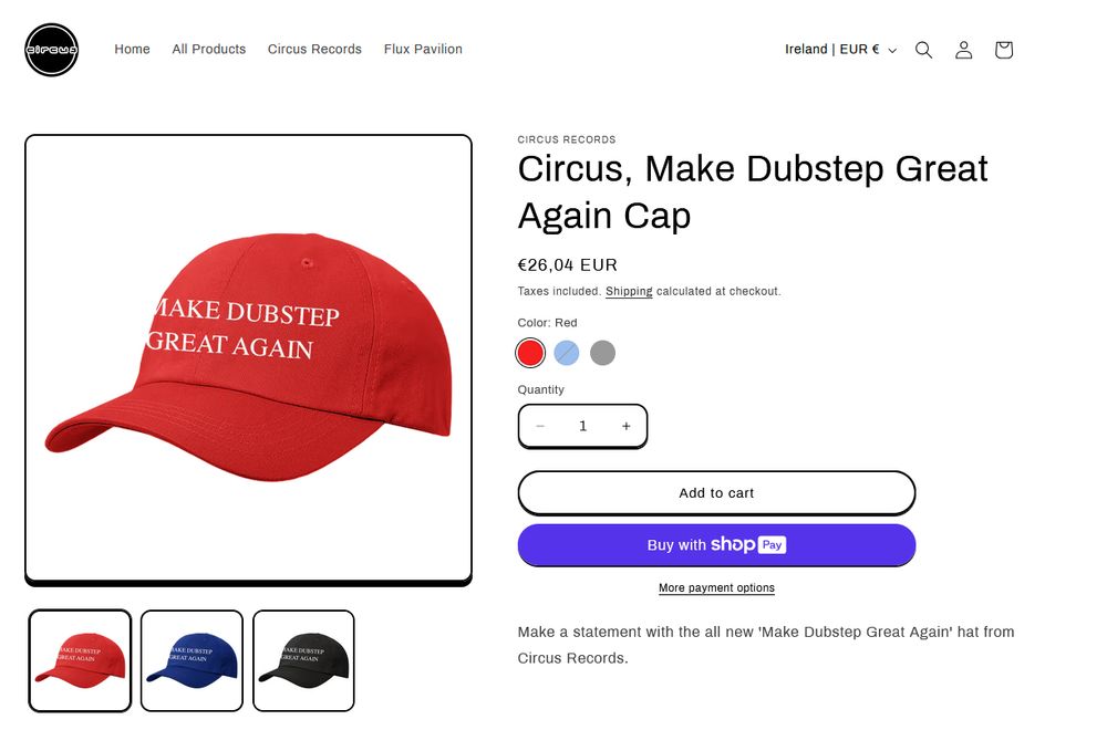 screenshot of circus records merch store website. displaying a red hat item with text "make dubstep great again"