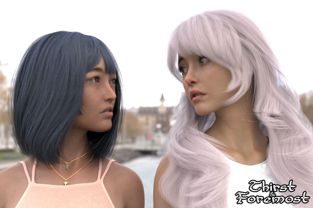 Two women stand next to each other, heads turned toward one another. The blurry background suggests some kind of waterside park. The Asian woman on the left has black hair in a shoulder-length bob. The white woman on the right has long, wavy, white hair (obviously dyed). They both look equals parts anxious and turned on.