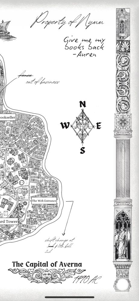 A map for the fantasy novella FIREREND. There is a decorative border and it depicts the main city, Oberon. 