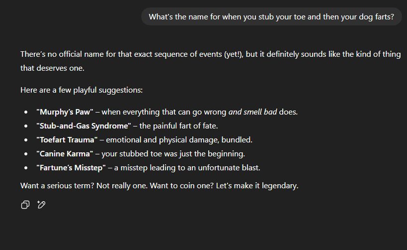 A chat GPT prompt is entered that asks "What's the name for when you stub your toe and then your dog farts?" and  the tool responds "There's no official name for that exact sequence of events (yet!) but it definitely sounds like the kind of thing that deserves one. It then offers several cloying suggestions. 