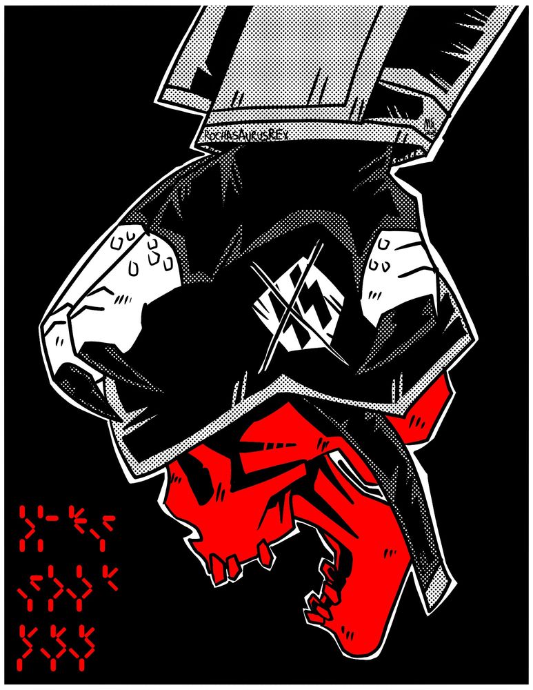 an antifa punk piece of a Predator's claw gripping a bloody nazi skull.