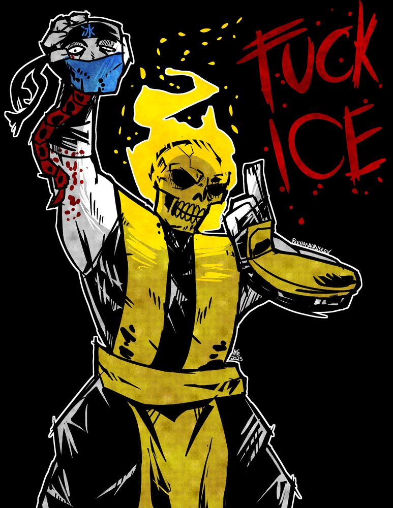 Scorpion holding up the decapitated head of Subzero from Mortal Kombat. Next to him written in blood is FUCK ICE.