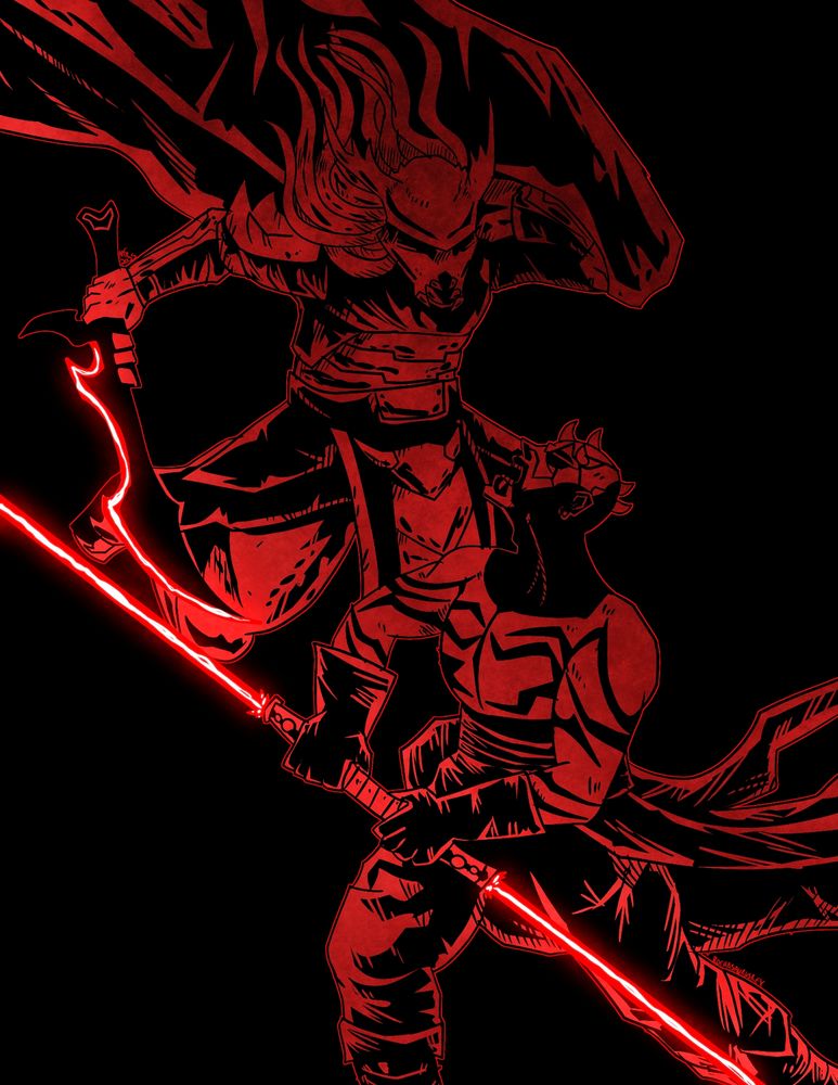 Njohrr, A Yautja Elder Clan Leader, faces off against Darth Maul of the Sith. Both warriors wield scorching scarlet sabers.

Predator / Star Wars fan art.