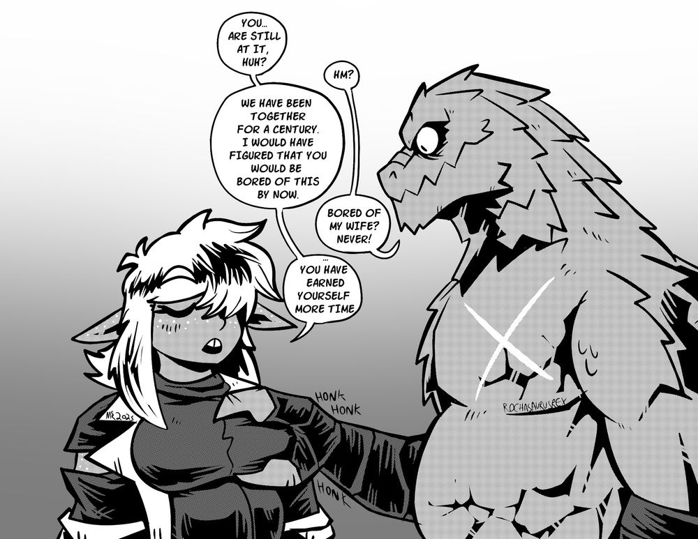 Sislo, a cherufe lizardman, squeezes the breasts of his Dryad wife, Tetheril. The elf calmly asks why he is not bored despite being together for 100 years. The scalie reptile responds with how he could never be bored of her. She is flattered, stating he may continue to squeeze away.