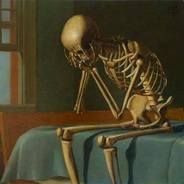 Skeleton sitting on bed and weeping