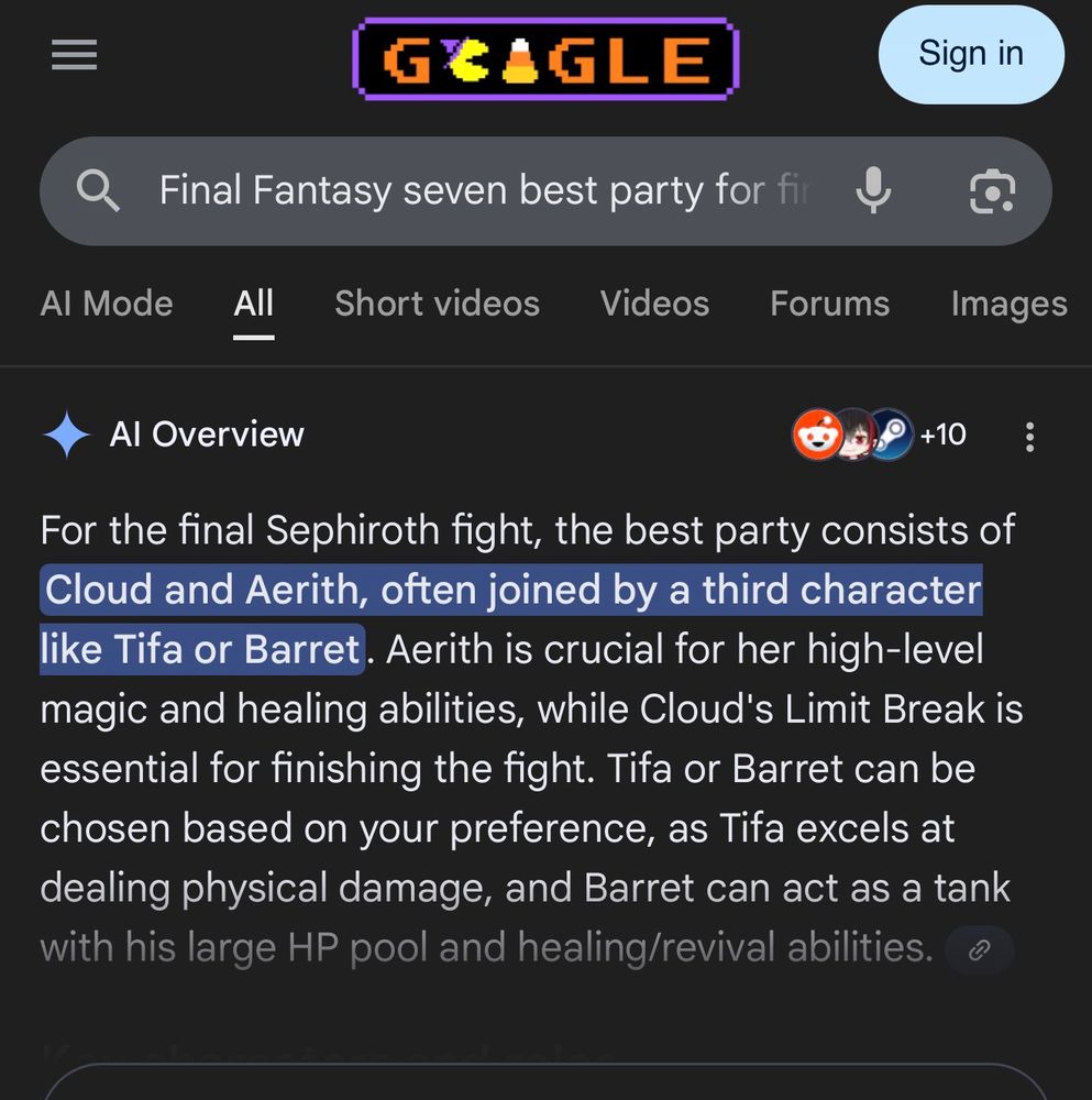 For the final Sephiroth fight, the best party consists of Cloud and Aerith, often joined by a third character like Tifa or Barret. Aerith is crucial for her high-level magic and healing abilities, while Cloud's Limit Break is essential for finishing the fight