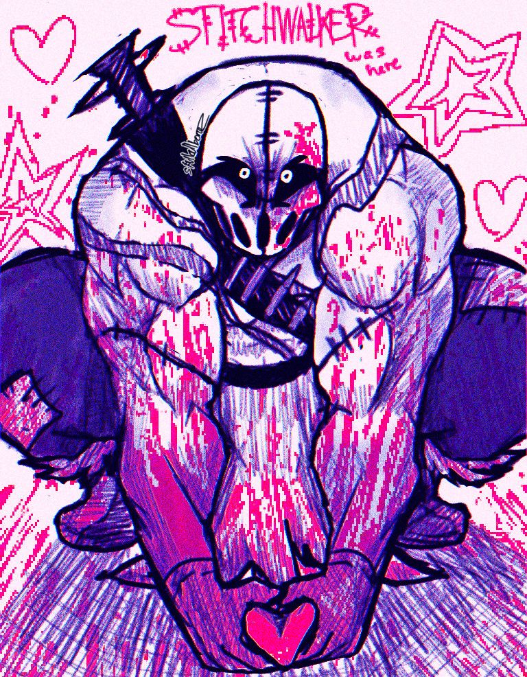 A digital drawing of a a hunched, monstrous figure with a mask-like face that has large eyes and stitched features; a  slasher character called "Stitchwalker" with a masked face, hunched posture, and muscular body. The artwork uses purple, blue, and pink colors with hearts and stars doodled around it in bright pink. The blood is also pink. Stitchwalker  makes a heart shape out of blood