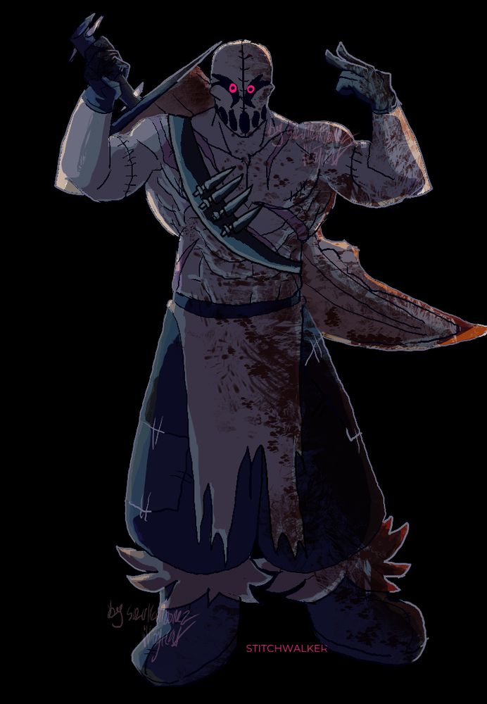 A drawing made 10 months ago, My oc stitchwalker, a strong man with 4 scars, stitches and a mask throwing up pease signs while drenched in blood and holding a big sword