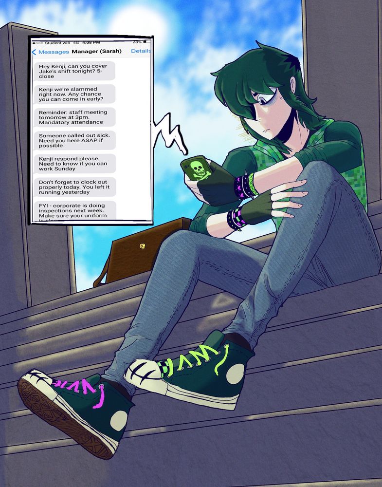 A digital drawing of Kenjii, sitting on steps, looking down at their phone which displays a series of work-related messages from their manager, Sarah.  Kenji appears tired and stressed.
