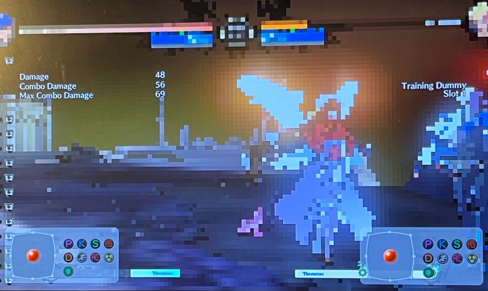 A picture of Guilty Gear -STRIVE-, running on my incredibly weak laptop. Graphic settings are on the lowest possible, reducing characters to just blurs of pixels and with the mod to remove the stage’s sky. It still cannot reach 30fps.