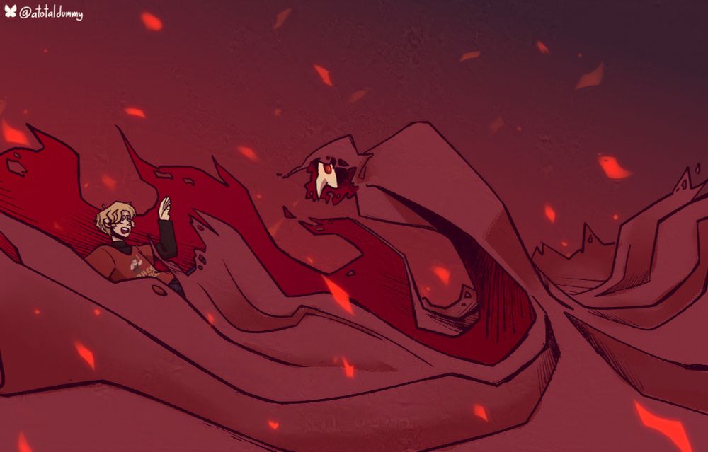 A blond man falls over as a nightmarish, cloaked figure with a beaked mask looms over him. Burning embers float across the scene