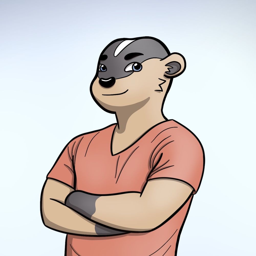 An anthropomorphic badger guy standing confidently with his arms crossed on his chest. 
