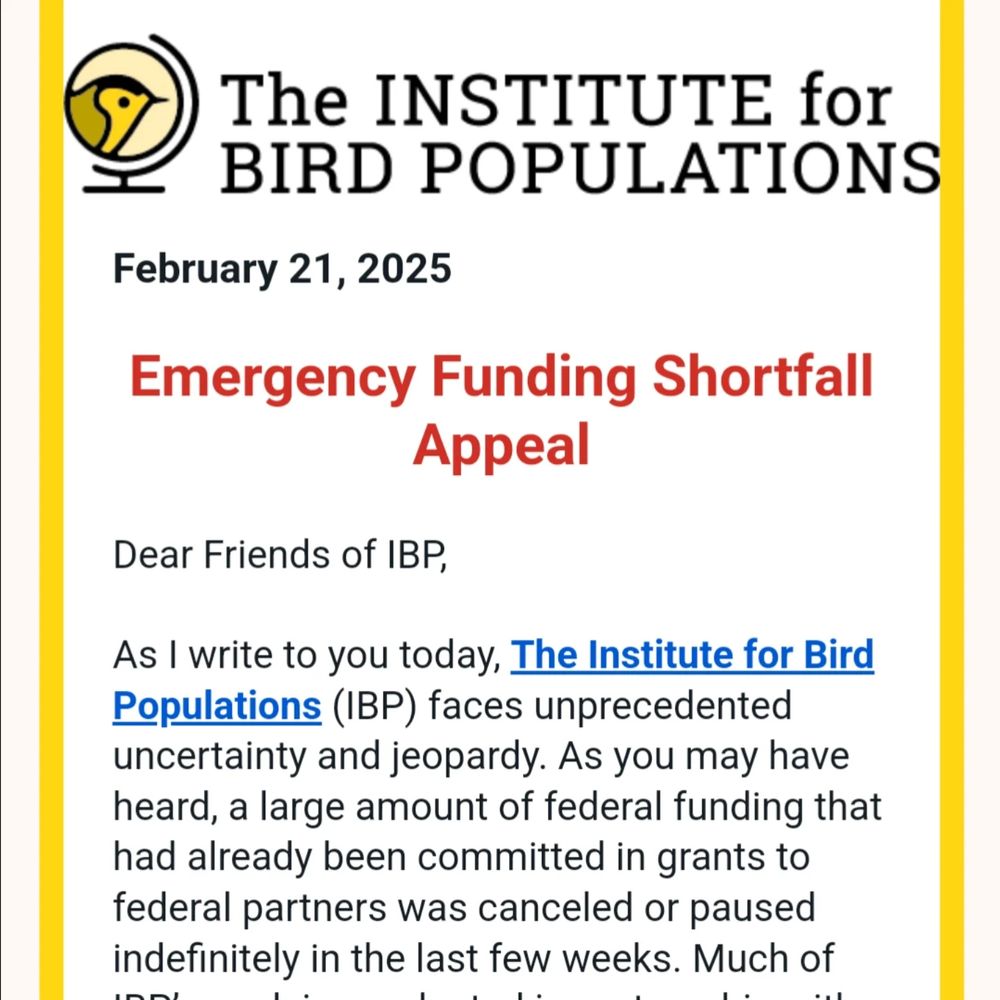 A letter from the Institute of Bird Populations asking for emergency funding donations. 