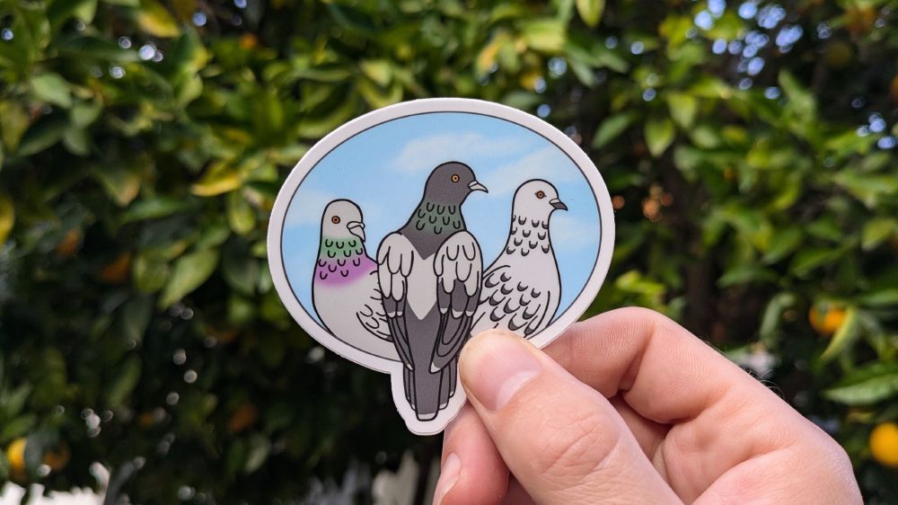 A photo of a sticker showing three pigeons. The sticker is held by a hand against a leady background. 