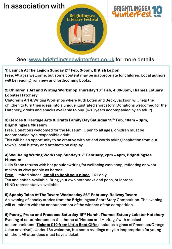 List of events for the 2025 Brightlingsea Literary Festival. Please visit https://brightlingseawinterfest.co.uk/category/winterfest-events/ for more details about what's on.