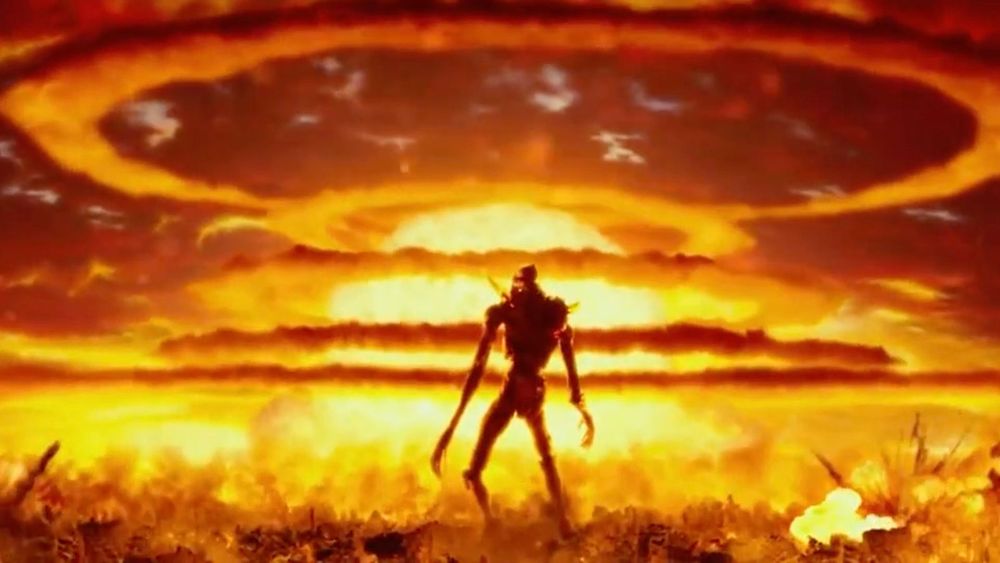 A still from the live-action short film, Giant God Warrior Appears in Tokyo.