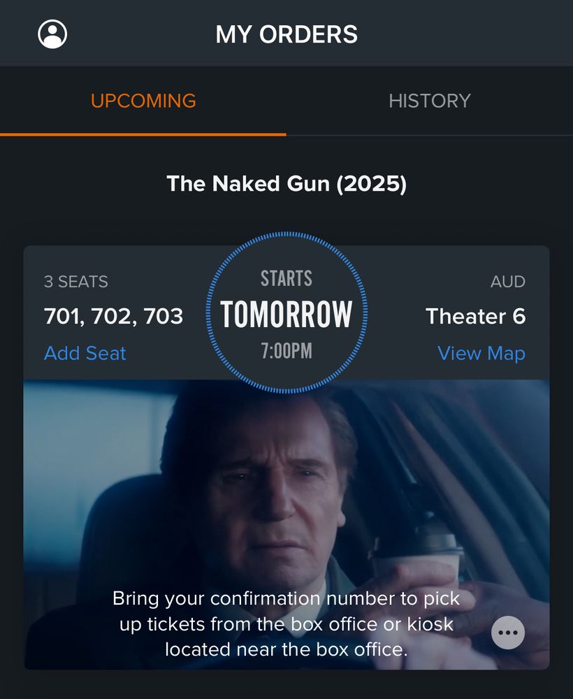 A screenshots of tickets purchased for The Naked Gun.