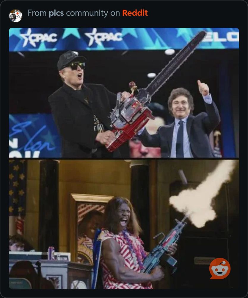A photo of Elon Musk wielding a chainsaw on-stage at CPAC is compared to a still frame of fictional president Dwayne Elizondo Mountain Dew Herbert Camacho shooting an assault rifle at the ceiling of the House of Representin’ in the movie Idiocracy. 