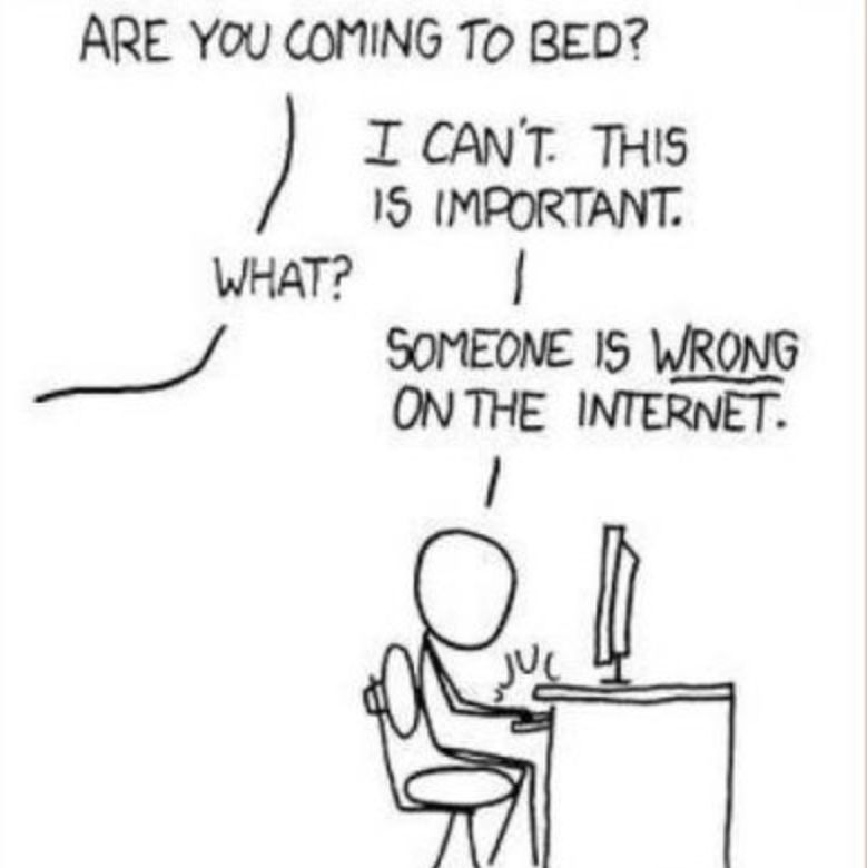 Stick person staying up late at their computer because, "someone is wrong on the internet."