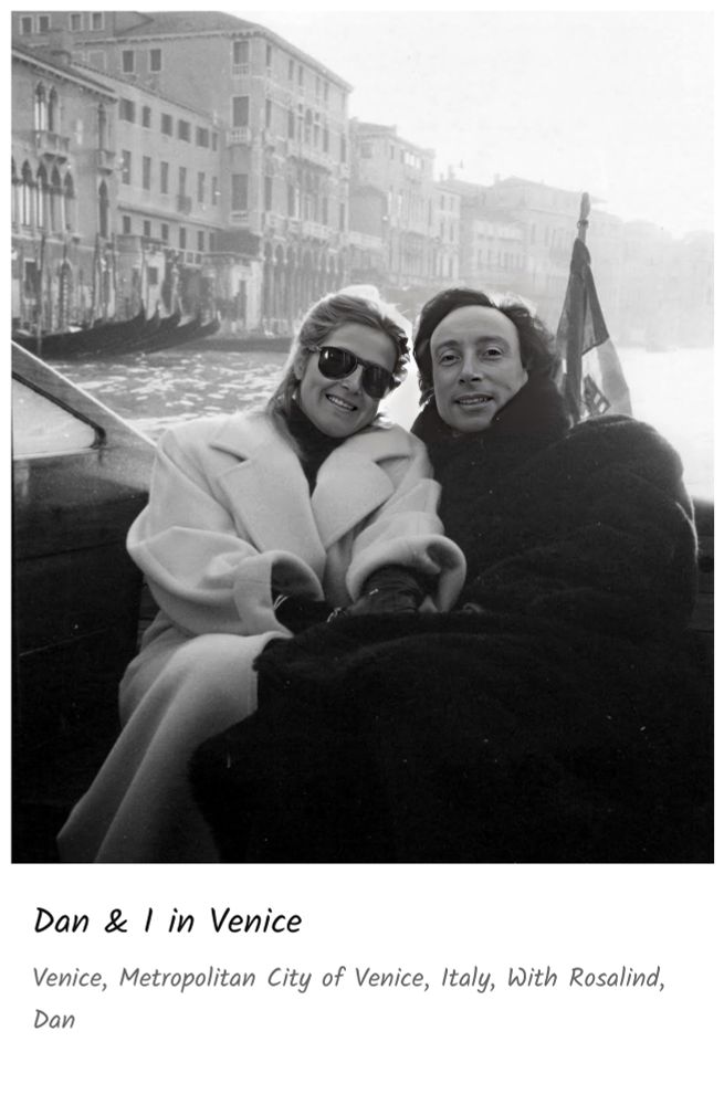 A black & white image of a couple in a gondola in Venice. 1980s. 