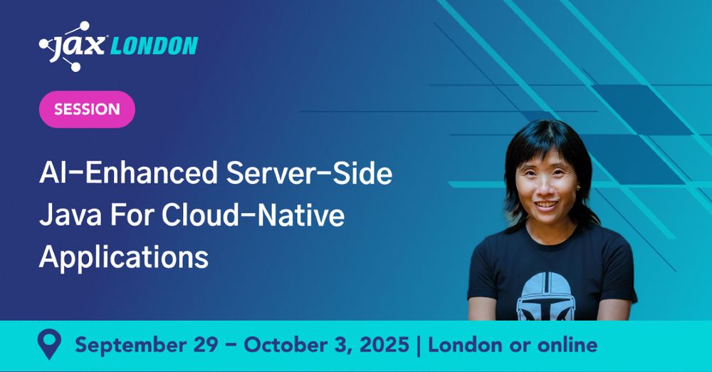 Banner for JAX London session titled "AI-Enhanced Server-Side Java For Cloud-Native Applications" featuring the speaker Emily Jiang. Event dates: September 29 - October 3, 2025, in London or online.