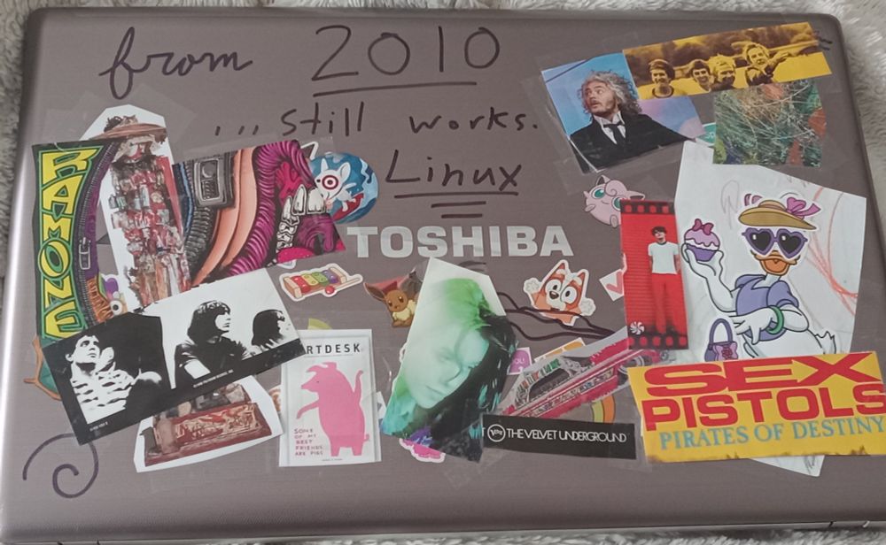 A Toshiba laptop from 2010. It has sharpie saying  as much, and then a bunch of stickers and cut out art. 