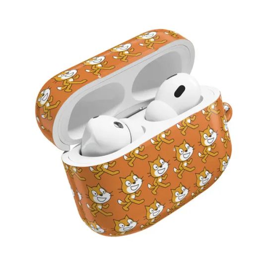 An Airpods case with the Scratch Cat on the outside in a repeating pattern.