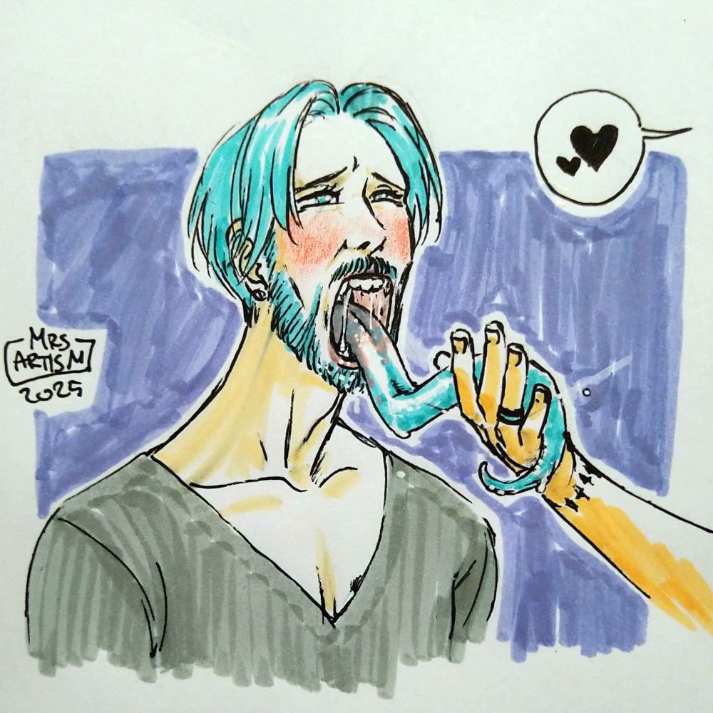 A traditional drawing of a blue haired and bearded male character. Their cheeks are flushed as they have their mouth wide open, and they are sticking out their long blue tongue .

A tan hand is holding the tongue as it curls around it. A speech bubble with two hearts in it  is coming from the same side as the hand.