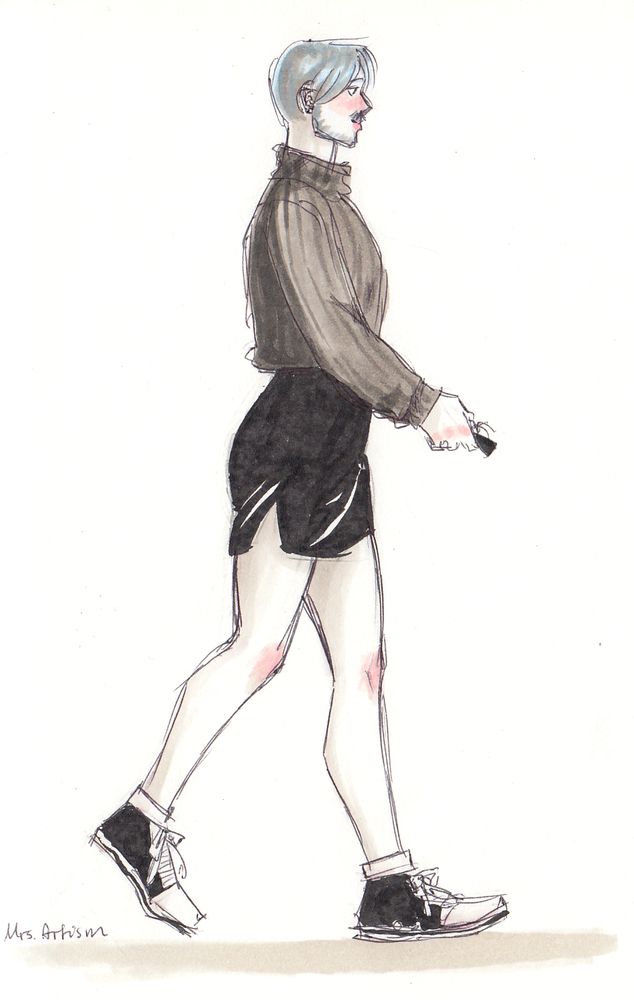 A marker sketch of a full body character. We see them from the side as they are walking to the right, holding what looks like the strap to a car key.