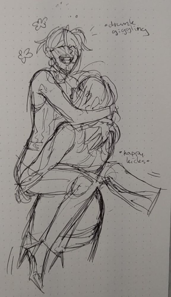 A rough scribble of two characters. The man wearing high heels and loop earrings is a bit drunk and very happy, giggling and kicking his legs while his friend, a strong lady, is carrying him with ease.