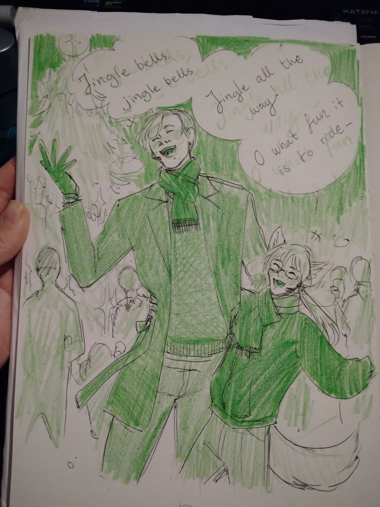 A sketch of the artist's OCs Joe and Clark singing "Jingle Bells" in public.