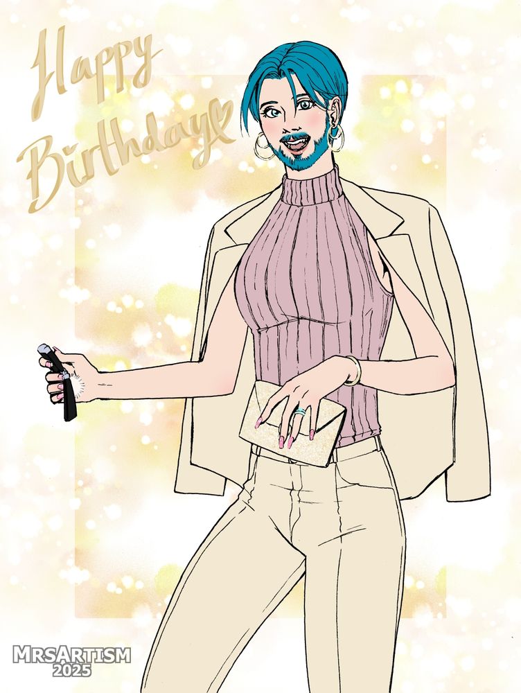 A flat coloured artwork of the artist's OC Mathieu Bellamy, wearing a suit and being pretty. The artwork says Happy Birthday, as it is Mathieu's birthday.