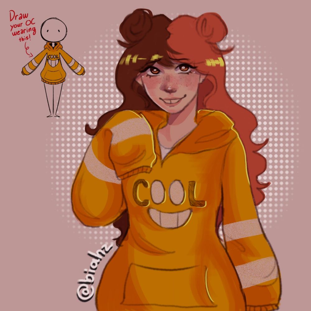 Desenho, guria usando casaco amarelo, cabelo meio a meio sorvete napolitano nham nham 😋