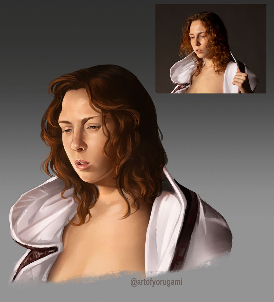 Digital Painting study of a red-haired woman in a white hood