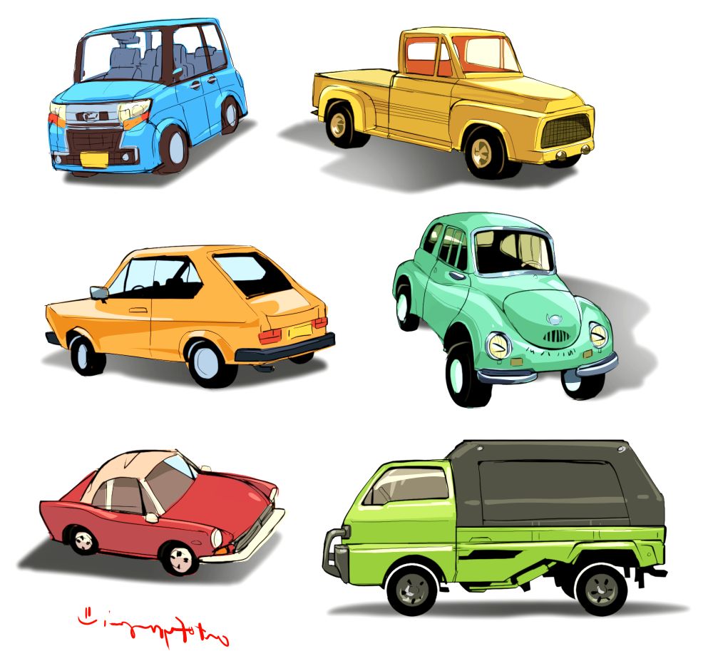 6 car sketches in various models and colors