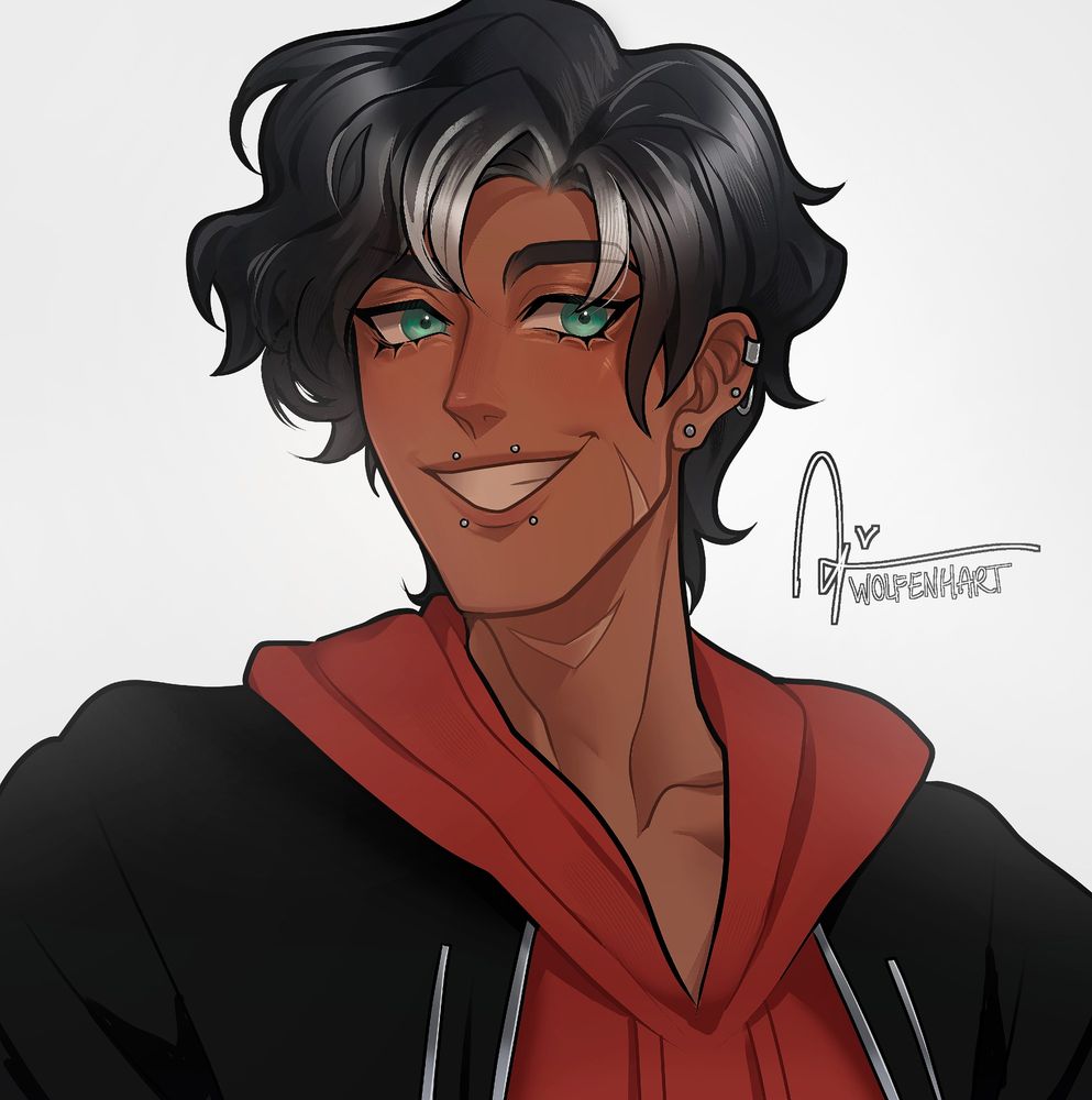 A digital portrait of a handsome guy in anime style. His hair is wavy and black with some white streaks running through it and he has sea-blue eyes. He's charmingly smiling at the viewer. 