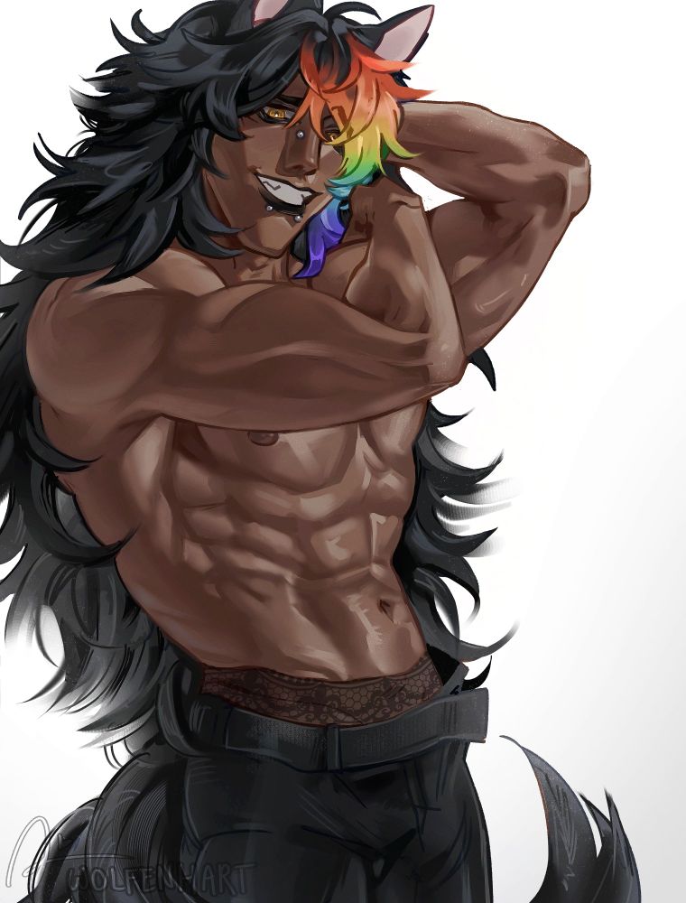A half body digital painting depiciting a dark-toned man with long black hair with rainbow bangs, and ears poking out at the top. He's wearing reflective black pants with a belt, lace underwear, and no shirt. He's flexing his arm muscles to the viewer, holding one hand on top of his shoulder, and is grinning at the viewer as well.