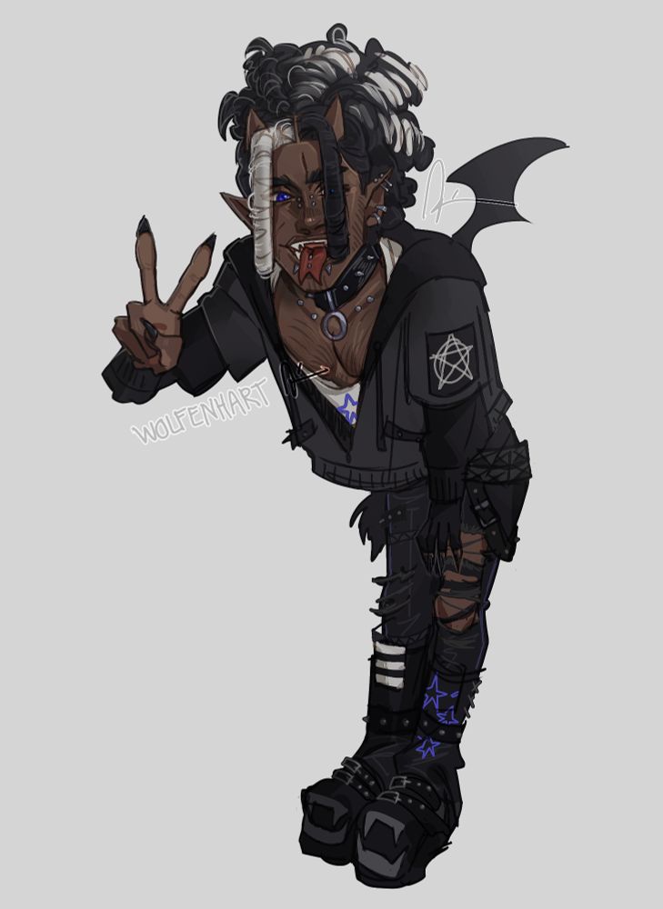 A digital painting of my character Tyrell. He has a dark skintone, electric purple eyes, black & white hair and long/sharp ears. He wears many piercings, a choker and is sticking out his split tongue. He's leaning into the camera and holding up his hand in a peace sign. He's wearing a white top with a black vest that has a pentagram on it, ripped black jeans and big platform boots with metal accents on it. The tips of the shoes have metal detailing that looks like open fangs on them. He also has small bat-like demon wings attached to his back. 