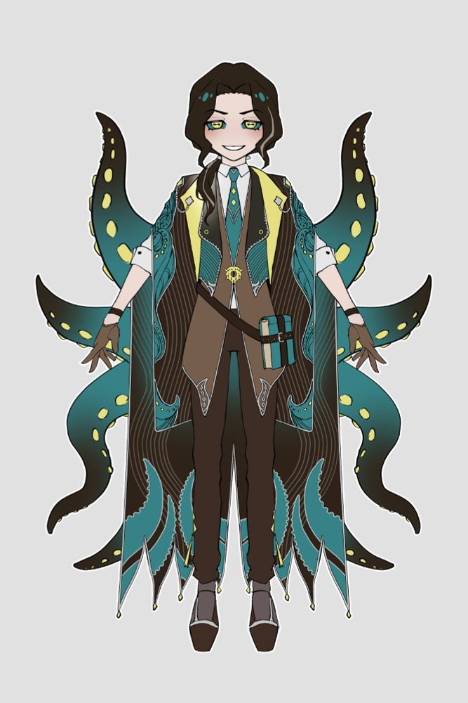 A fullbody reference of an eldritch-inspired character with tentacles behind him, long black hair in a ponytail and yellow eyes. 