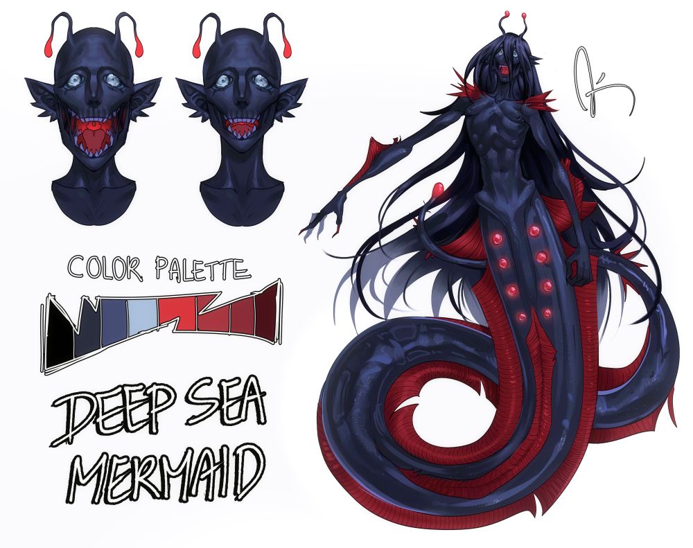 A custom design I made. It has multiple pieces of art as reference, two heads on the upper left corner to show what the face looks like normally and with their jaw extended, and one bigger piece on the right side that is a fully rendered full body shot of the character. On the bottom left corner, it has the color palette (which mostly consists of black, dark blues, and reds) and the text "Deep Sea Mermaid"

The character looks creepy and slimy, has a very long (and kind of thin) fish tail that wraps around them, and has long black hair of the same color as her skin. The fins on their body are dark red, and they have lighter red photophores to lure in prey on both their tail and near their face. The inside of their mouth glows red too for the same purpose. 