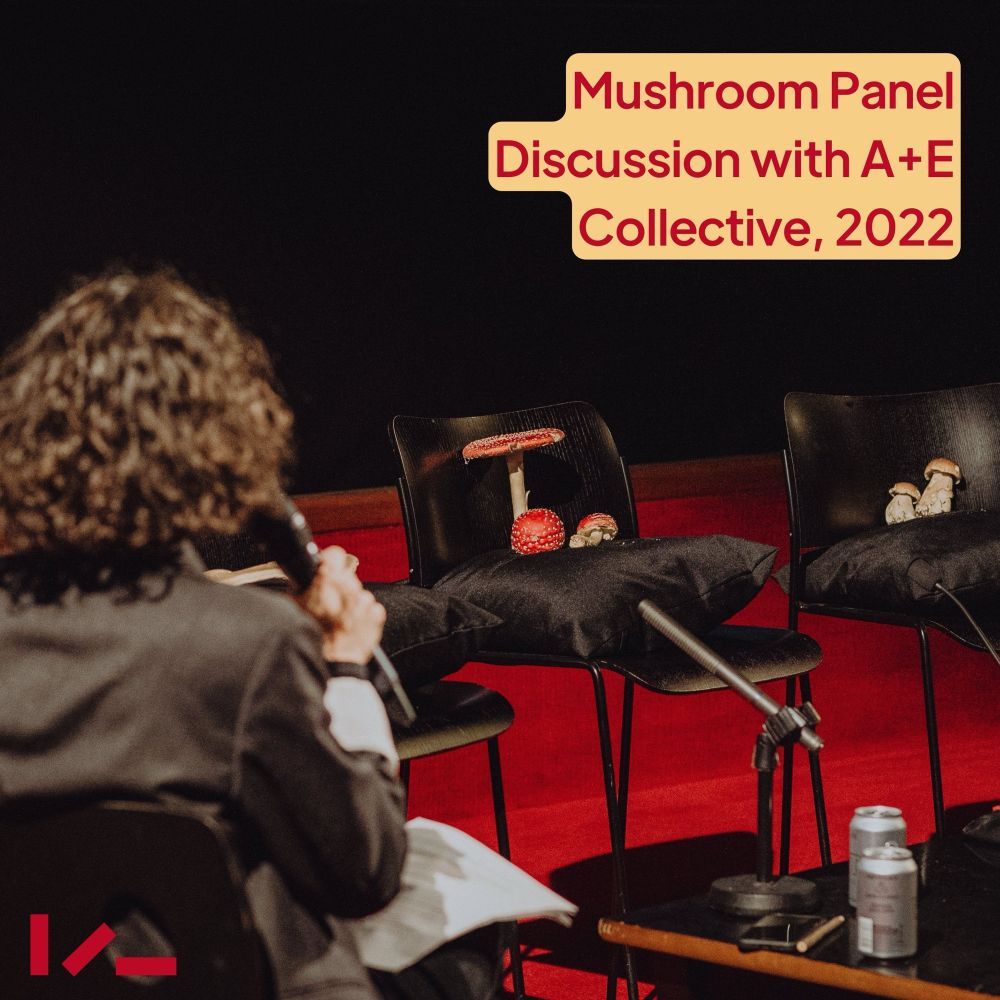A photograph from behind of someone holding a microphone. The person looks in front of them towards three seats with mushrooms placed on top of cushions. Overlayed text reads: Mushroom Panel Discussion with A+E Collective, 2022