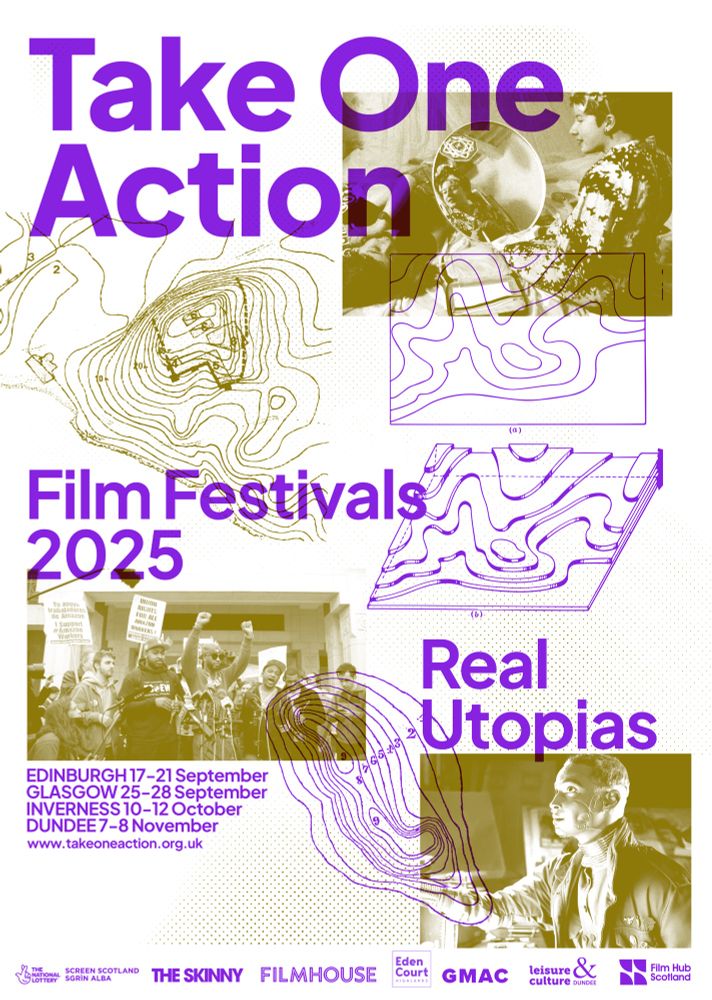 Poster for the Take One Action areal Utopias poster, in purple and bronze. Topographic lines of a map intersect with bronze stills from this year’s films. It includes dates and info about funders.