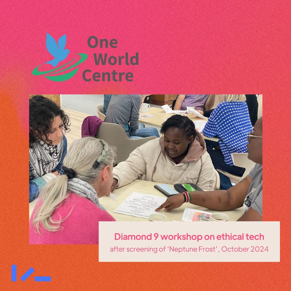 A pink and orange ombre background with an image, text and the logo of One World Centre. Image shows four people looking and pointing at a worksheet on the desk they sit around. text reads: Diamond 9 workshop on ethical tech after screening of 'Neptune Frost', October 2024