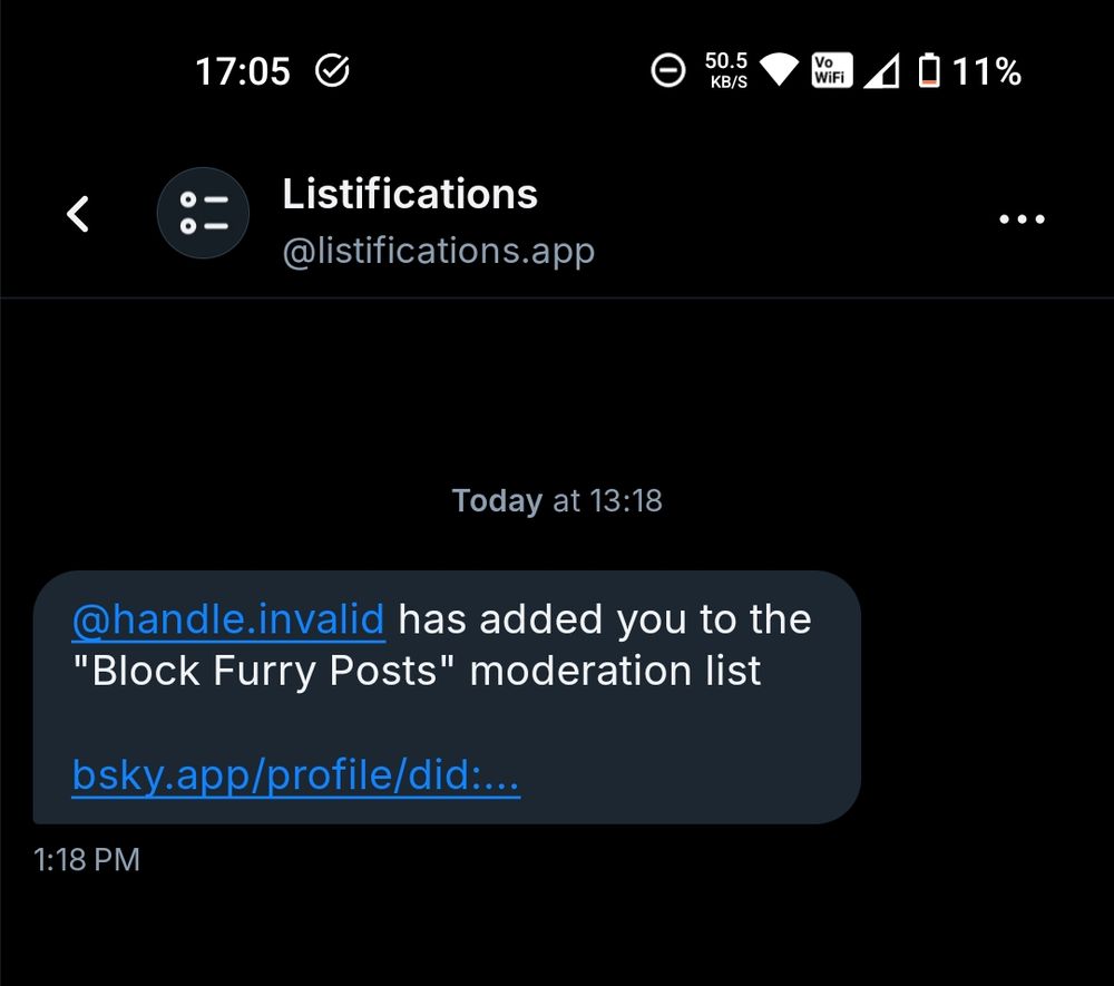dm from listifications saying I've been added to a list called "block furry posts"