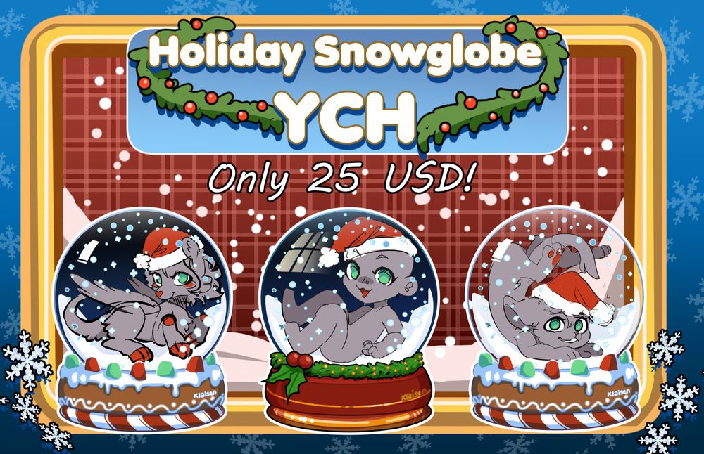 a promotional image showing examples of chibi ocs in decorative snowglobes. the words read: Holiday Snowglobe YCH, Only 25 USD!