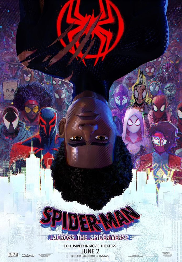 Movie poster for Spider-man: Across the Spider-verse - the version where Miles is hanging upside down and all the other Spider-beings are behind him 