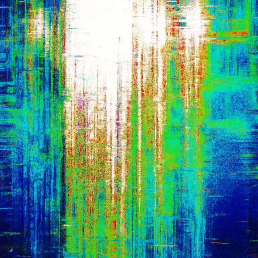 A distorted digital artwork inspired by a Schumann resonance spectrogram. The image is filled with vertical glitch-like bands in vivid shades of green, blue, red, and white, appearing warped and stretched as if affected by digital interference. The center features a bright white column with streaks of static and color bleeding into surrounding hues. The overall texture is gritty, pixelated, and chaotic, evoking a sense of overloaded signals, electromagnetic dissonance, or psychic collapse.